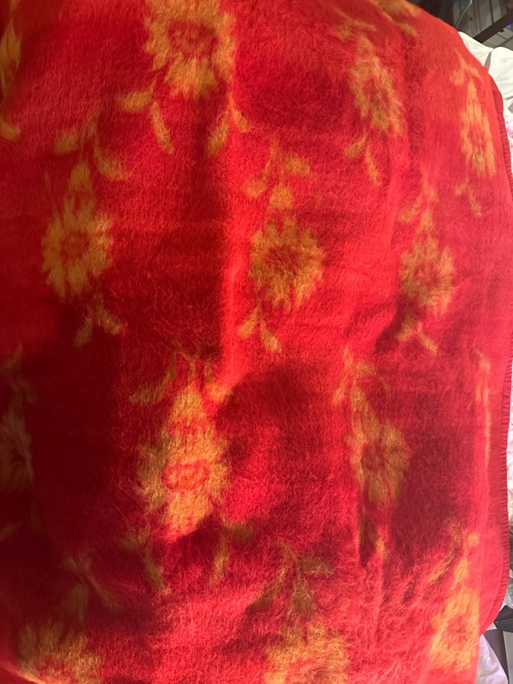 Vintage Wool Blanket Oversized Red Floral Satin Trim 71x84 Cottagecore veryheavy